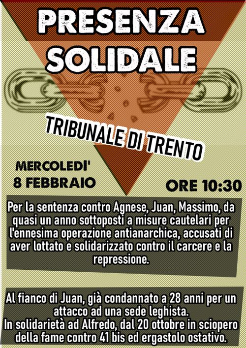 Trento, 8 febbraio: Presenza solidale al tribunale in occasione della sentenza della “operazione senza nome”
