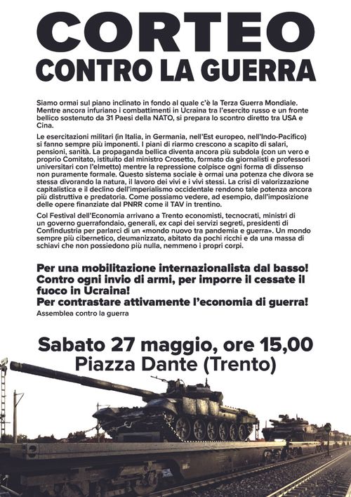 Trento, 27 maggio: Corteo contro la guerra